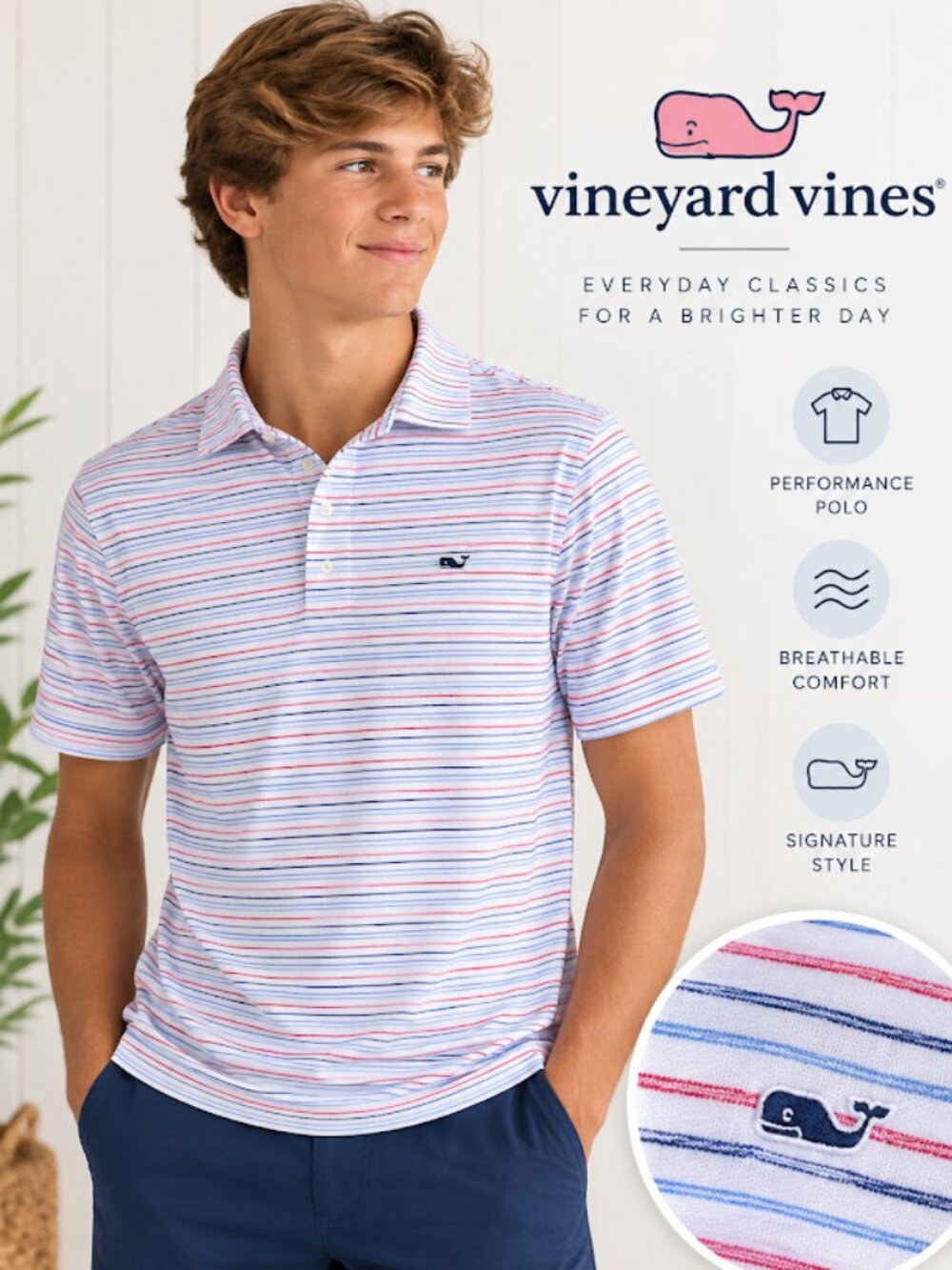Vinard Vines Bradley Tri Stripe Sankaty Polo red white blue Youth Large